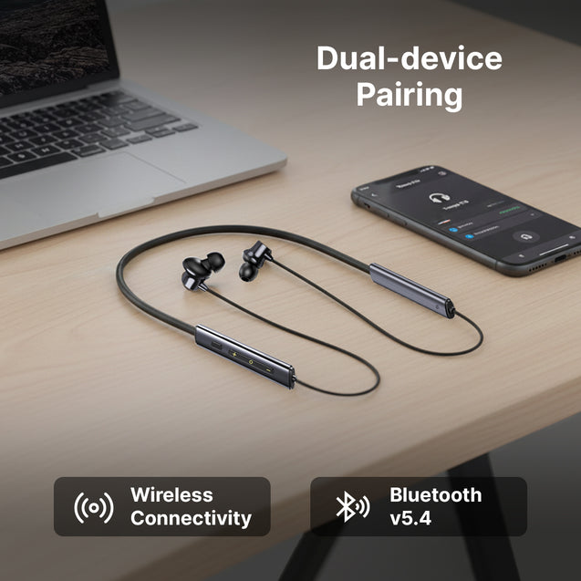 pTron Tangent Eon w/ 50Hrs Playtime, Immersive Sound, HD Mic & AI-ENC Clear Calls, Dual-Device Pairing, Magnetic On/Off Function, BT5.4 Wireless Neckband, Voice Asst., Type-C Charging & IPX5 (Obsidian)