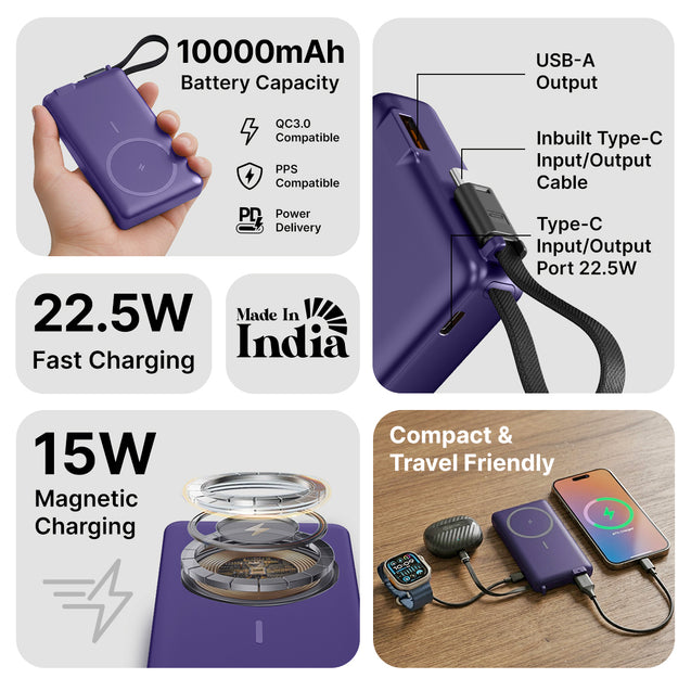 pTron Dynamo Dash Magnetic Wireless 10000mAh Fast Charging Slim Power Bank, MagSafe, 22.5W Output, Compatible w/iPhone 12/13/14/15/16, Android & Other Qi Enabled Devices, Type-C Input (Purple)