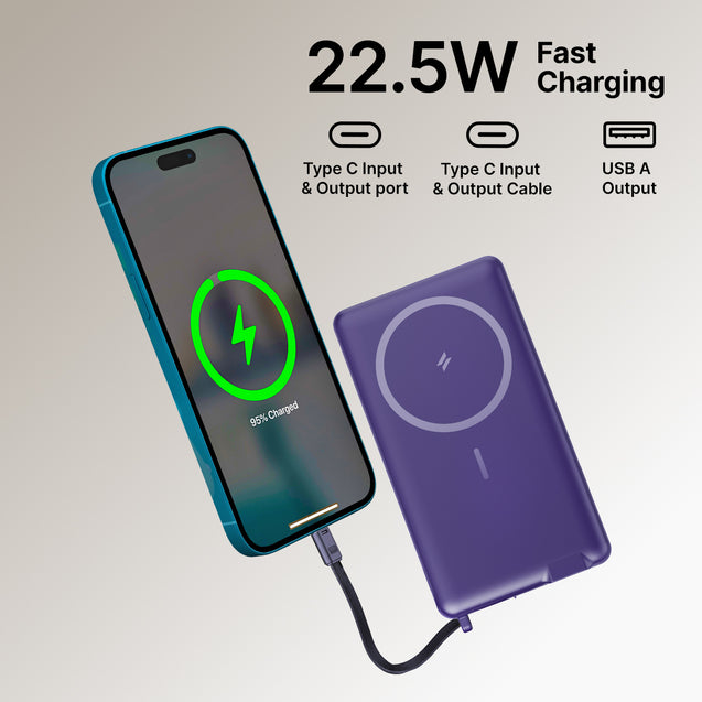 pTron Dynamo Dash Magnetic Wireless 10000mAh Fast Charging Slim Power Bank, MagSafe, 22.5W Output, Compatible w/iPhone 12/13/14/15/16, Android & Other Qi Enabled Devices, Type-C Input (Purple)