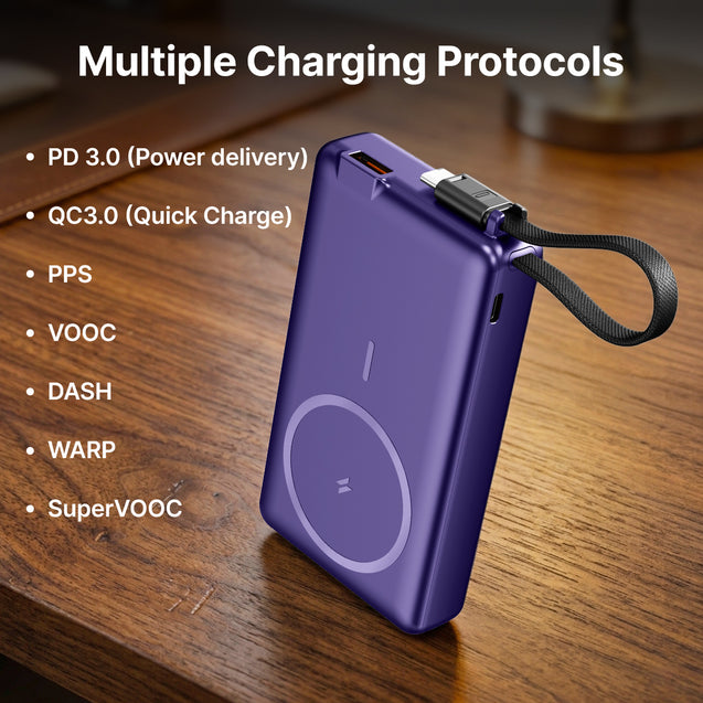 pTron Dynamo Dash Magnetic Wireless 10000mAh Fast Charging Slim Power Bank, MagSafe, 22.5W Output, Compatible w/iPhone 12/13/14/15/16, Android & Other Qi Enabled Devices, Type-C Input (Purple)