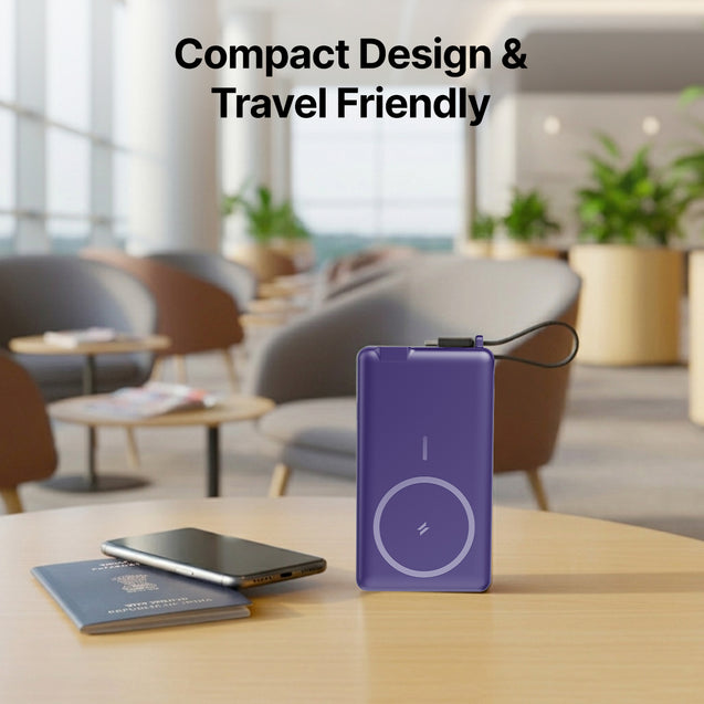 pTron Dynamo Dash Magnetic Wireless 10000mAh Fast Charging Slim Power Bank, MagSafe, 22.5W Output, Compatible w/iPhone 12/13/14/15/16, Android & Other Qi Enabled Devices, Type-C Input (Purple)