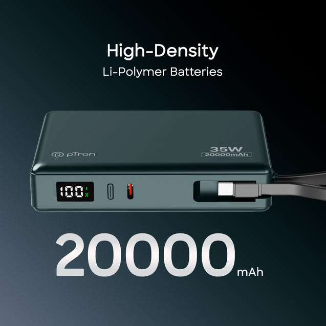 pTron Dynamo Sprint 20000mAh 35W Super Fast Charging, USB Type-C Input Power Bank Compatible with QC3.0/PD3.0, Built-in Charging Cable, 3 Charging Outputs, Type-C Input/Output Port (Pine Green)