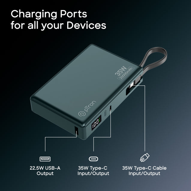 pTron Dynamo Sprint 20000mAh 35W Super Fast Charging, USB Type-C Input Power Bank Compatible with QC3.0/PD3.0, Built-in Charging Cable, 3 Charging Outputs, Type-C Input/Output Port (Pine Green)