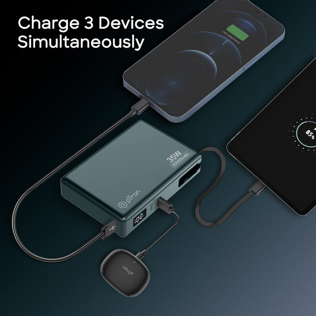 pTron Dynamo Sprint 20000mAh 35W Super Fast Charging, USB Type-C Input Power Bank Compatible with QC3.0/PD3.0, Built-in Charging Cable, 3 Charging Outputs, Type-C Input/Output Port (Pine Green)