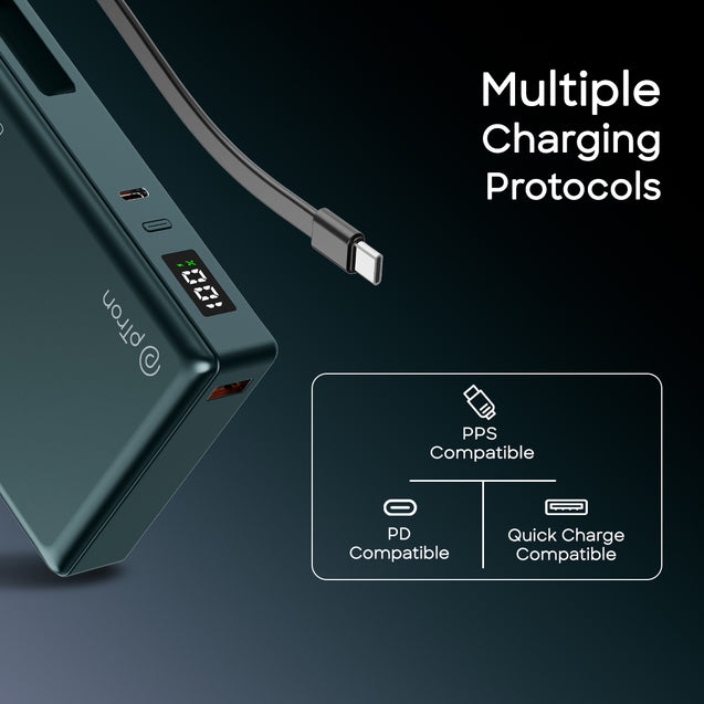 pTron Dynamo Sprint 20000mAh 35W Super Fast Charging, USB Type-C Input Power Bank Compatible with QC3.0/PD3.0, Built-in Charging Cable, 3 Charging Outputs, Type-C Input/Output Port (Pine Green)