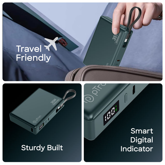 pTron Dynamo Sprint 20000mAh 35W Super Fast Charging, USB Type-C Input Power Bank Compatible with QC3.0/PD3.0, Built-in Charging Cable, 3 Charging Outputs, Type-C Input/Output Port (Pine Green)
