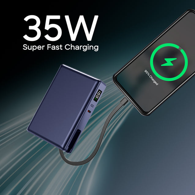 pTron Dynamo Sprint 20000mAh 35W Super Fast Charging, USB Type-C Input Power Bank Compatible with QC3.0/PD3.0, Built-in Charging Cable, 3 Charging Outputs, Type-C Input/Output Port (Indigo Blue)