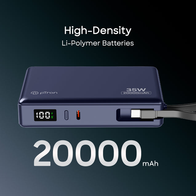 pTron Dynamo Sprint 20000mAh 35W Super Fast Charging, USB Type-C Input Power Bank Compatible with QC3.0/PD3.0, Built-in Charging Cable, 3 Charging Outputs, Type-C Input/Output Port (Indigo Blue)