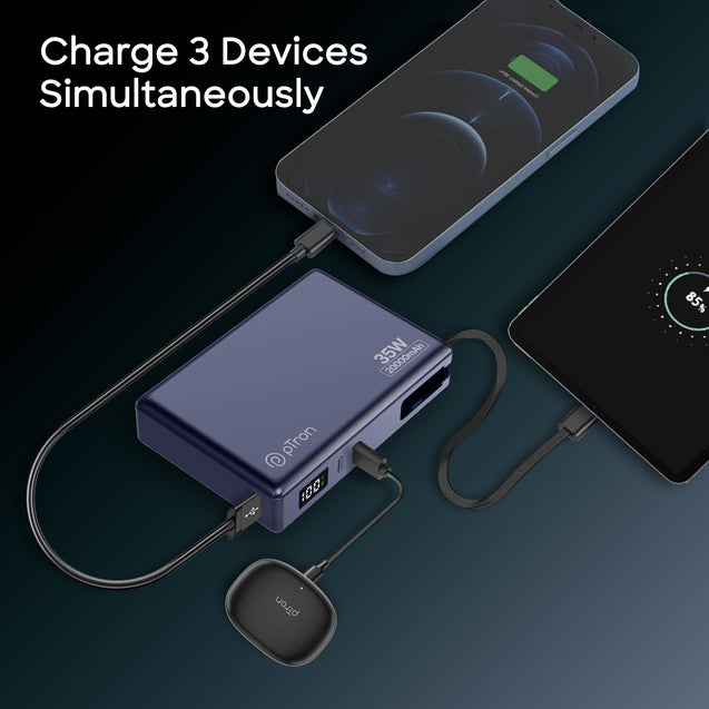 pTron Dynamo Sprint 20000mAh 35W Super Fast Charging, USB Type-C Input Power Bank Compatible with QC3.0/PD3.0, Built-in Charging Cable, 3 Charging Outputs, Type-C Input/Output Port (Indigo Blue)