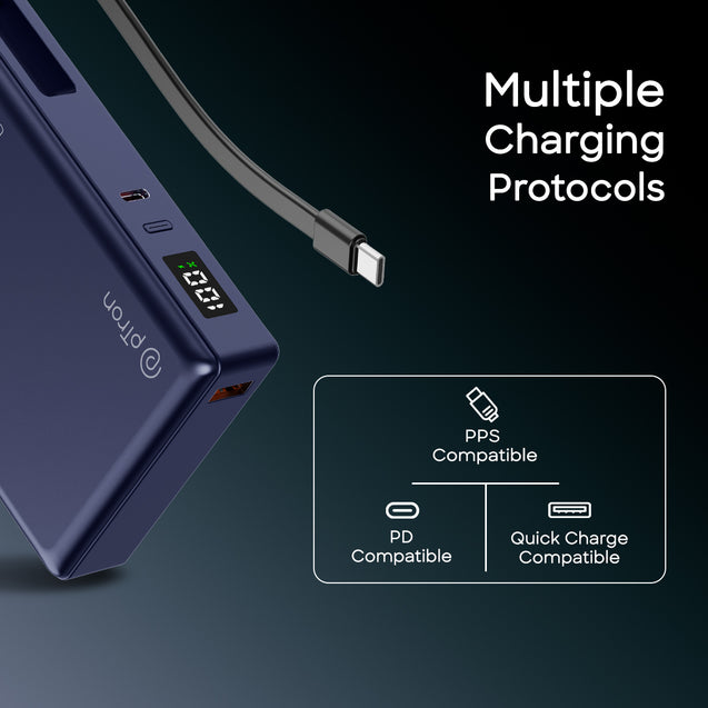 pTron Dynamo Sprint 20000mAh 35W Super Fast Charging, USB Type-C Input Power Bank Compatible with QC3.0/PD3.0, Built-in Charging Cable, 3 Charging Outputs, Type-C Input/Output Port (Indigo Blue)