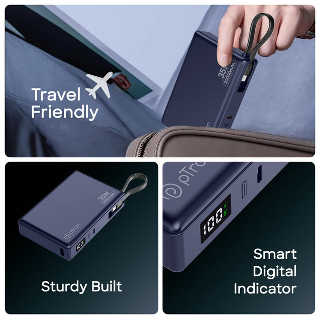 pTron Dynamo Sprint 20000mAh 35W Super Fast Charging, USB Type-C Input Power Bank Compatible with QC3.0/PD3.0, Built-in Charging Cable, 3 Charging Outputs, Type-C Input/Output Port (Indigo Blue)