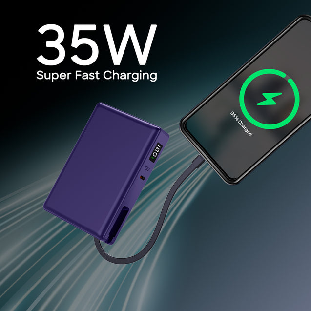 pTron Dynamo Sprint 20000mAh 35W Super Fast Charging, USB Type-C Input Power Bank Compatible with QC3.0/PD3.0, Built-in Charging Cable, 3 Charging Outputs, Type-C Input/Output Port (Purple)