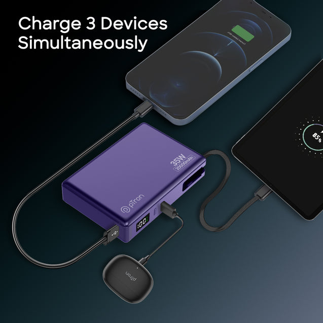 pTron Dynamo Sprint 20000mAh 35W Super Fast Charging, USB Type-C Input Power Bank Compatible with QC3.0/PD3.0, Built-in Charging Cable, 3 Charging Outputs, Type-C Input/Output Port (Purple)