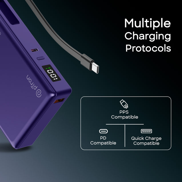 pTron Dynamo Sprint 20000mAh 35W Super Fast Charging, USB Type-C Input Power Bank Compatible with QC3.0/PD3.0, Built-in Charging Cable, 3 Charging Outputs, Type-C Input/Output Port (Purple)