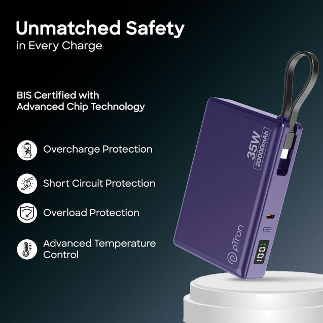pTron Dynamo Sprint 20000mAh 35W Super Fast Charging, USB Type-C Input Power Bank Compatible with QC3.0/PD3.0, Built-in Charging Cable, 3 Charging Outputs, Type-C Input/Output Port (Purple)