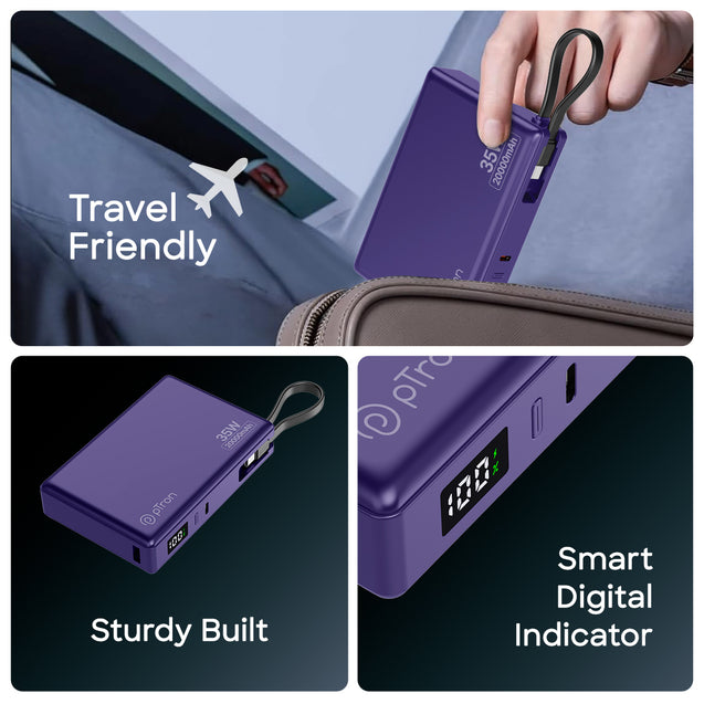 pTron Dynamo Sprint 20000mAh 35W Super Fast Charging, USB Type-C Input Power Bank Compatible with QC3.0/PD3.0, Built-in Charging Cable, 3 Charging Outputs, Type-C Input/Output Port (Purple)