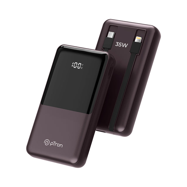 pTron Dynamo Bolt 20000mAh 35W Super Fast Charging, USB Type-C Input Power Bank Compatible with QC3.0/PD3.0 (Power Delivery),Built-in Charging Cables,4 Charging Outputs,Type-C Input/Output Port (Brown)