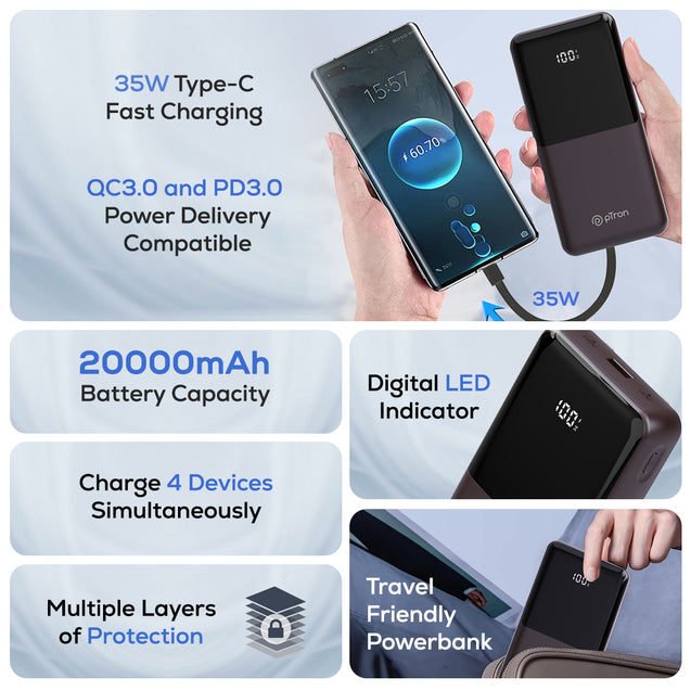 pTron Dynamo Bolt 20000mAh 35W Super Fast Charging, USB Type-C Input Power Bank Compatible with QC3.0/PD3.0 (Power Delivery),Built-in Charging Cables,4 Charging Outputs,Type-C Input/Output Port (Brown)