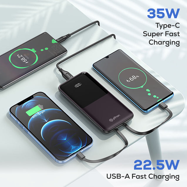 pTron Dynamo Bolt 20000mAh 35W Super Fast Charging, USB Type-C Input Power Bank Compatible with QC3.0/PD3.0 (Power Delivery),Built-in Charging Cables,4 Charging Outputs,Type-C Input/Output Port (Brown)