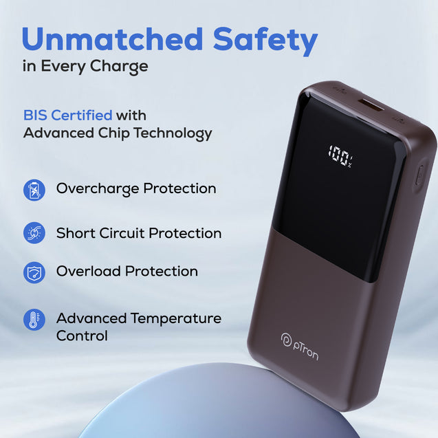 pTron Dynamo Bolt 20000mAh 35W Super Fast Charging, USB Type-C Input Power Bank Compatible with QC3.0/PD3.0 (Power Delivery),Built-in Charging Cables,4 Charging Outputs,Type-C Input/Output Port (Brown)