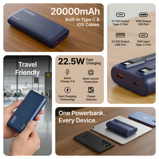 pTron 20000mAh Powerbank w/ 22.5W Fast Charging, USB & Type C Output, Built-in Cables, Compatible w/Power Delivery, Quick Charge for iPhone, Android Mobile & Tablets, Dynamo Storm (Indigo Blue)