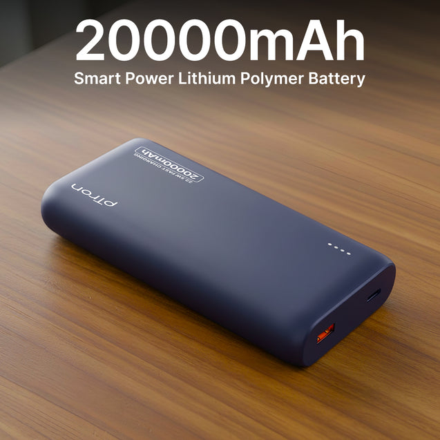 pTron 20000mAh Powerbank w/ 22.5W Fast Charging, USB & Type C Output, Built-in Cables, Compatible w/Power Delivery, Quick Charge for iPhone, Android Mobile & Tablets, Dynamo Storm (Indigo Blue)