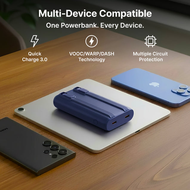 pTron 20000mAh Powerbank w/ 22.5W Fast Charging, USB & Type C Output, Built-in Cables, Compatible w/Power Delivery, Quick Charge for iPhone, Android Mobile & Tablets, Dynamo Storm (Indigo Blue)