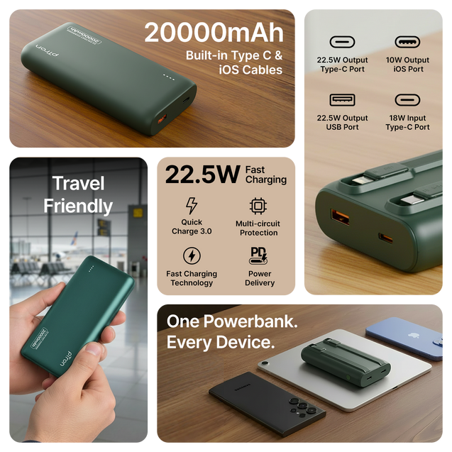 pTron 20000mAh Powerbank w/ 22.5W Fast Charging, USB & Type C Output, Built-in Cables, Compatible w/Power Delivery, Quick Charge for iPhone, Android Mobile & Tablets, Dynamo Storm (Pine Green)