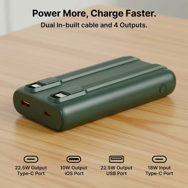 pTron 20000mAh Powerbank w/ 22.5W Fast Charging, USB & Type C Output, Built-in Cables, Compatible w/Power Delivery, Quick Charge for iPhone, Android Mobile & Tablets, Dynamo Storm (Pine Green)