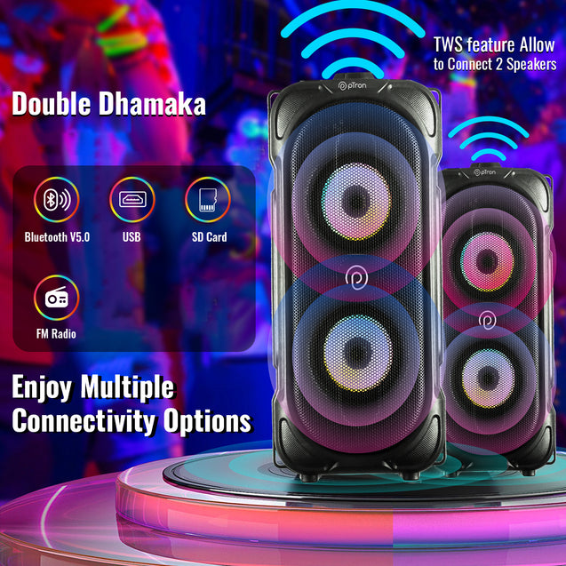 pTron Fusion Party 40W Bluetooth Speaker w/Stereo Sound, 6Hrs Playtime, Vivid RGB Light, Party Speaker w/ BT5.0, Aux Port/USB/SD Card Playback, Wired Karaoke Mic Port, Remote Control (Obsidian)