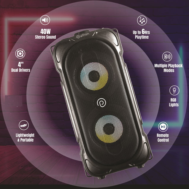 pTron Fusion Party 40W Bluetooth Speaker w/Stereo Sound, 6Hrs Playtime, Vivid RGB Light, Party Speaker w/ BT5.0, Aux Port/USB/SD Card Playback, Wired Karaoke Mic Port, Remote Control (Obsidian)