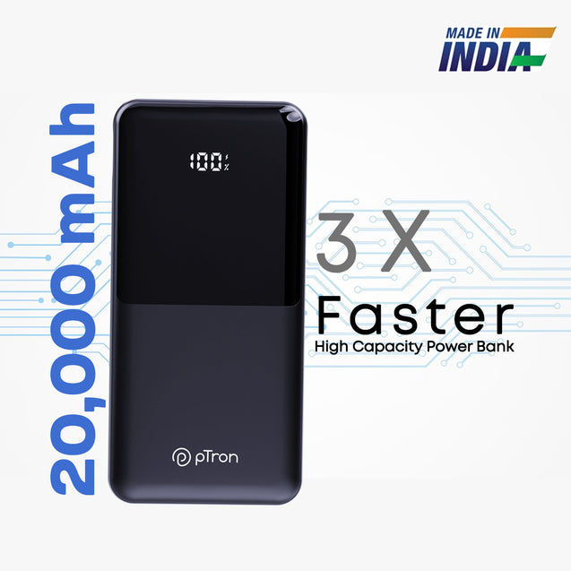 pTron Dynamo Power 20000mAh 22.5W Super Fast Charging, USB Type-C Input Power Bank with Quick Charge & 20W Power Delivery, Built-in Charging Cables, 4 Outputs, Type-C Input/Output Port (Jet Black)
