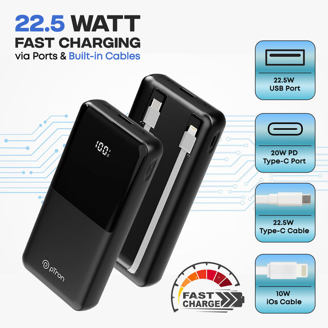 pTron Dynamo Power 20000mAh 22.5W Super Fast Charging, USB Type-C Input Power Bank with Quick Charge & 20W Power Delivery, Built-in Charging Cables, 4 Outputs, Type-C Input/Output Port (Jet Black)