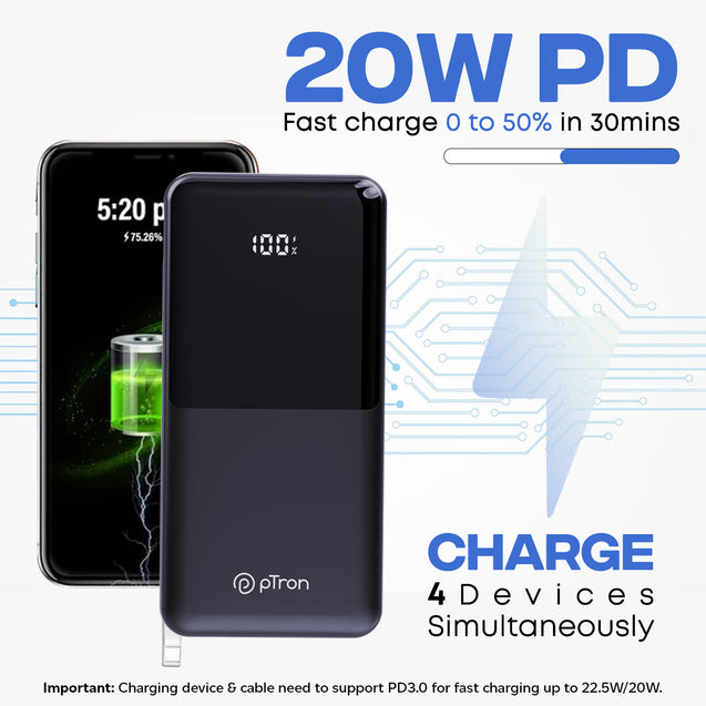 pTron Dynamo Power 20000mAh 22.5W Super Fast Charging, USB Type-C Input Power Bank with Quick Charge & 20W Power Delivery, Built-in Charging Cables, 4 Outputs, Type-C Input/Output Port (Jet Black)