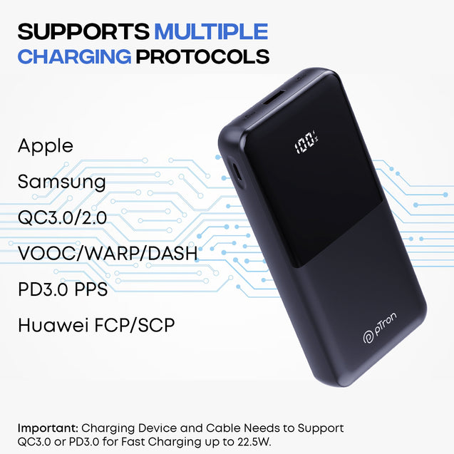 pTron Dynamo Power 20000mAh 22.5W Super Fast Charging, USB Type-C Input Power Bank with Quick Charge & 20W Power Delivery, Built-in Charging Cables, 4 Outputs, Type-C Input/Output Port (Jet Black)
