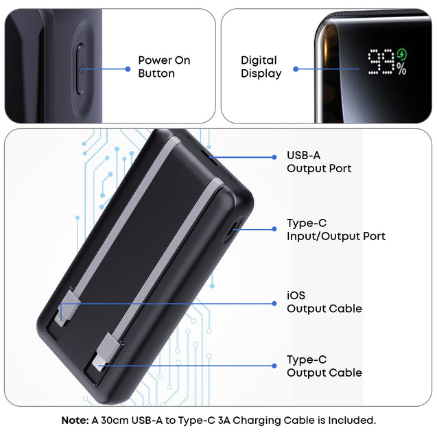 pTron Dynamo Power 20000mAh 22.5W Super Fast Charging, USB Type-C Input Power Bank with Quick Charge & 20W Power Delivery, Built-in Charging Cables, 4 Outputs, Type-C Input/Output Port (Jet Black)