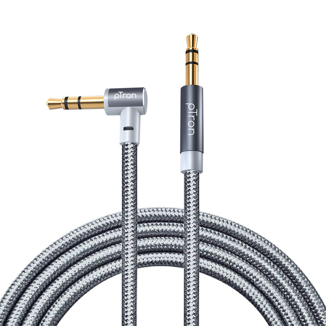 pTron 3.5mm Male to Male Aux Stereo Cable for Smartphones/Tablets, 90 Degree Gold-plated Connectors, Solero A15 Tangle-free Metal Shell Audio Cable, Nylon Braided, 1.5m (Gray)