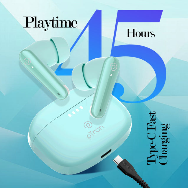 pTron Bassbuds Prism in-Ear TWS Ear Buds w/ 3D AudioScape, 45Hrs Playtime, TruTalk AI-ENC Calls, 50ms Low Latency Sync, BTv5.3, Snug-fit, Type-C Charging, Voice Asst. & IPX5 Water Resistant (Julep)
