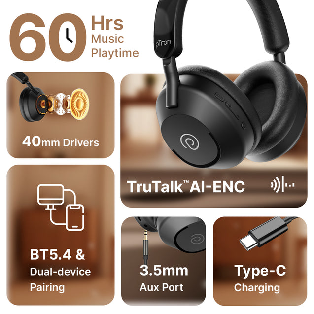pTron Studio Ultima w/ 60Hrs Playtime, 40mm Drivers, Custom EQ, Mobile App, Wireless Over Ear Headphones w/HD Mic & TruTalk AI-ENC Calls, BTv5.4, Dual Device Pairing & Type-C Charging (Jet Black)