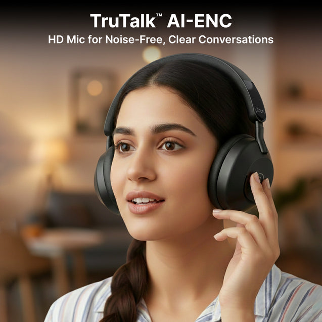 pTron Studio Ultima w/ 60Hrs Playtime, 40mm Drivers, Custom EQ, Mobile App, Wireless Over Ear Headphones w/HD Mic & TruTalk AI-ENC Calls, BTv5.4, Dual Device Pairing & Type-C Charging (Jet Black)