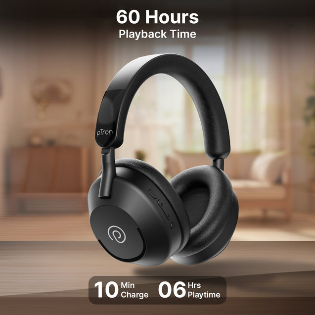 pTron Studio Ultima w/ 60Hrs Playtime, 40mm Drivers, Custom EQ, Mobile App, Wireless Over Ear Headphones w/HD Mic & TruTalk AI-ENC Calls, BTv5.4, Dual Device Pairing & Type-C Charging (Jet Black)