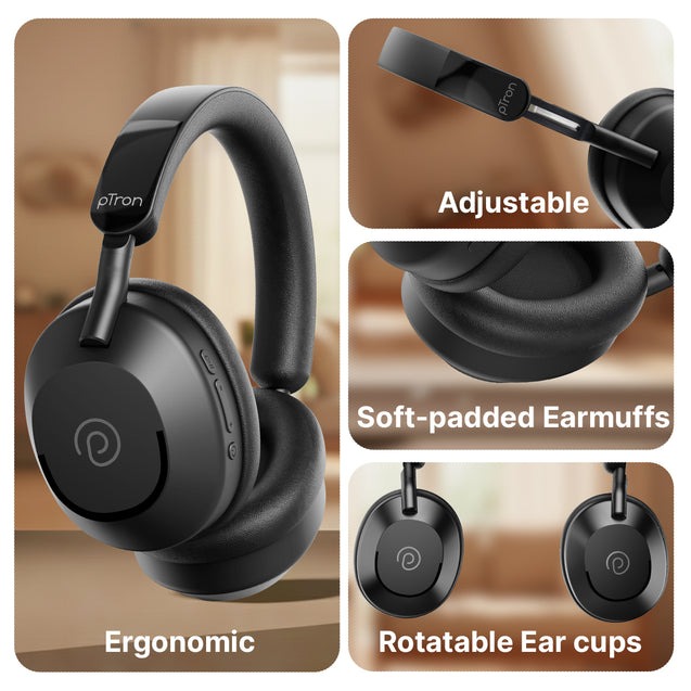 pTron Studio Ultima w/ 60Hrs Playtime, 40mm Drivers, Custom EQ, Mobile App, Wireless Over Ear Headphones w/HD Mic & TruTalk AI-ENC Calls, BTv5.4, Dual Device Pairing & Type-C Charging (Jet Black)