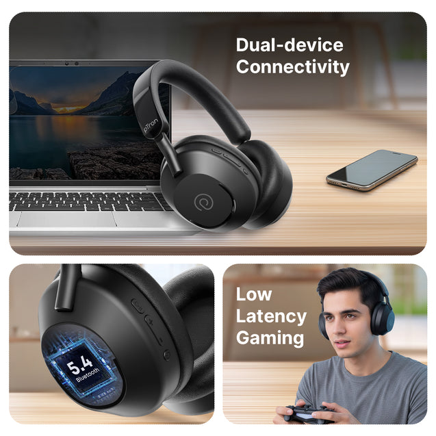 pTron Studio Ultima w/ 60Hrs Playtime, 40mm Drivers, Custom EQ, Mobile App, Wireless Over Ear Headphones w/HD Mic & TruTalk AI-ENC Calls, BTv5.4, Dual Device Pairing & Type-C Charging (Jet Black)