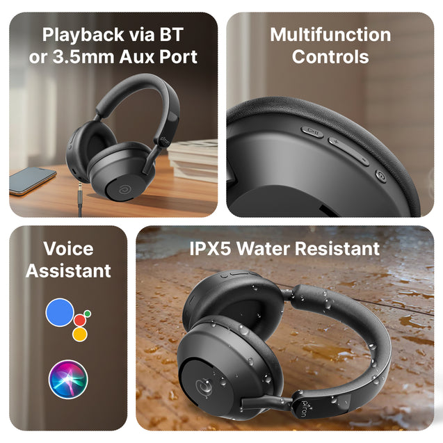 pTron Studio Ultima w/ 60Hrs Playtime, 40mm Drivers, Custom EQ, Mobile App, Wireless Over Ear Headphones w/HD Mic & TruTalk AI-ENC Calls, BTv5.4, Dual Device Pairing & Type-C Charging (Jet Black)