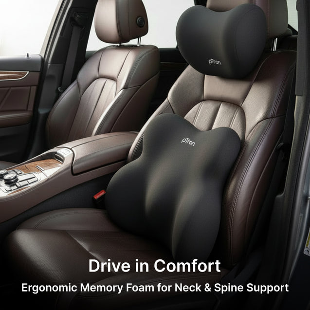 pTron Ergova S3 Memory Foam Car Neck & Lumbar Support Cushion Set for Driving, Ergonomic Design for Long Drive Comfort, Universal Fit for All Cars (Black)