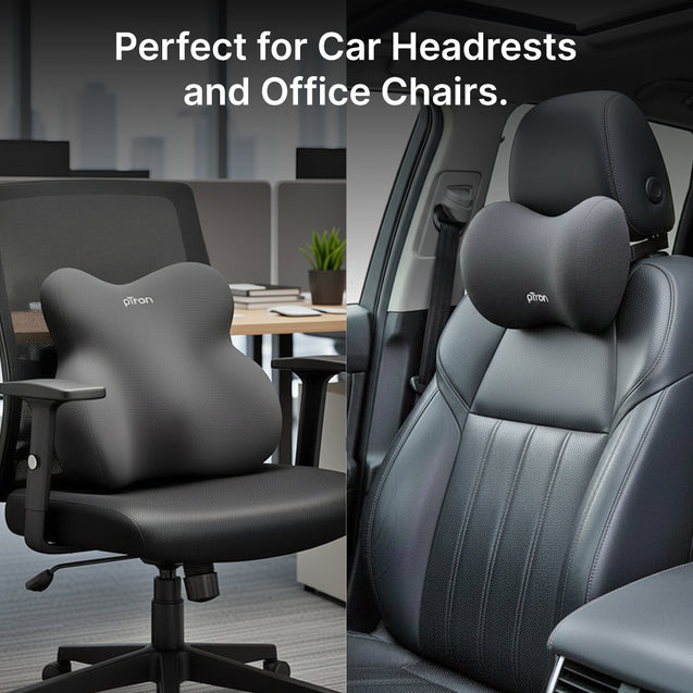 pTron Ergova S3 Memory Foam Car Neck & Lumbar Support Cushion Set for Driving, Ergonomic Design for Long Drive Comfort, Universal Fit for All Cars (Black)