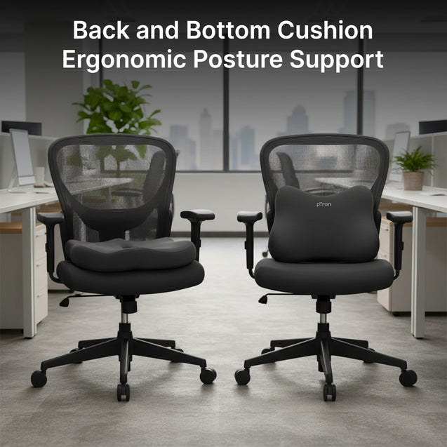 pTron Ergova S1 Core Support Seat Cushion & Backrest Combo, 100% Memory Foam, Prolonged Sitting Comfort, Pressure Relief, Reduced Muscle Fatigue, Suitable for Home Office & Cars (Black)