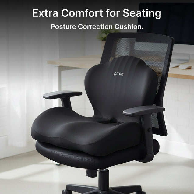 pTron Ergova S2 Core Support Seat & Backrest Cushion, L-Shape, 100% Memory Foam, Enhanced Sitting Comfort, Pressure Relief, Reduced Muscle Fatigue, Non-Slip, Suitable for Home Office & Cars (Black)