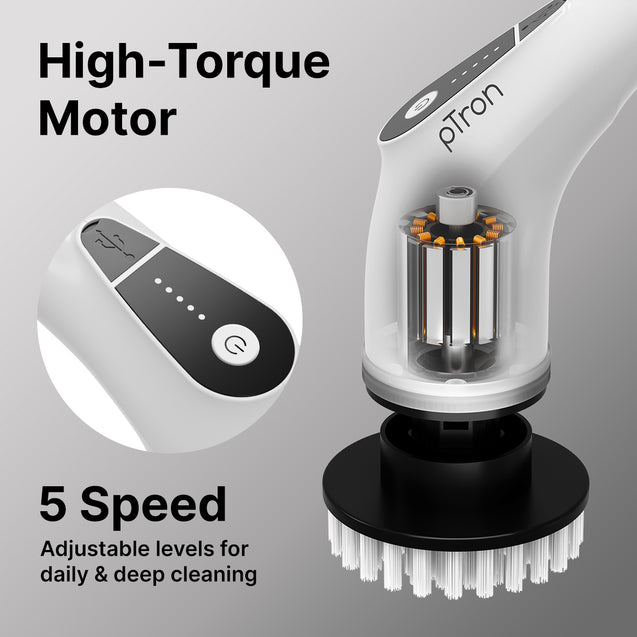 pTron EaseMate Scrubber X1, Electric Spin Scrubber w/ 5 Adjustable Speeds, Cleaning Brush Scrubber for Home, 400RPM/min, 120 min Run Time, 8 Replaceable Brush Heads for Bathroom, Floor Tiles (White)