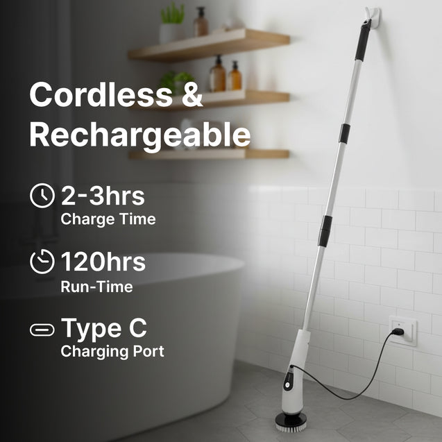 pTron EaseMate Scrubber X1, Electric Spin Scrubber w/ 5 Adjustable Speeds, Cleaning Brush Scrubber for Home, 400RPM/min, 120 min Run Time, 8 Replaceable Brush Heads for Bathroom, Floor Tiles (White)
